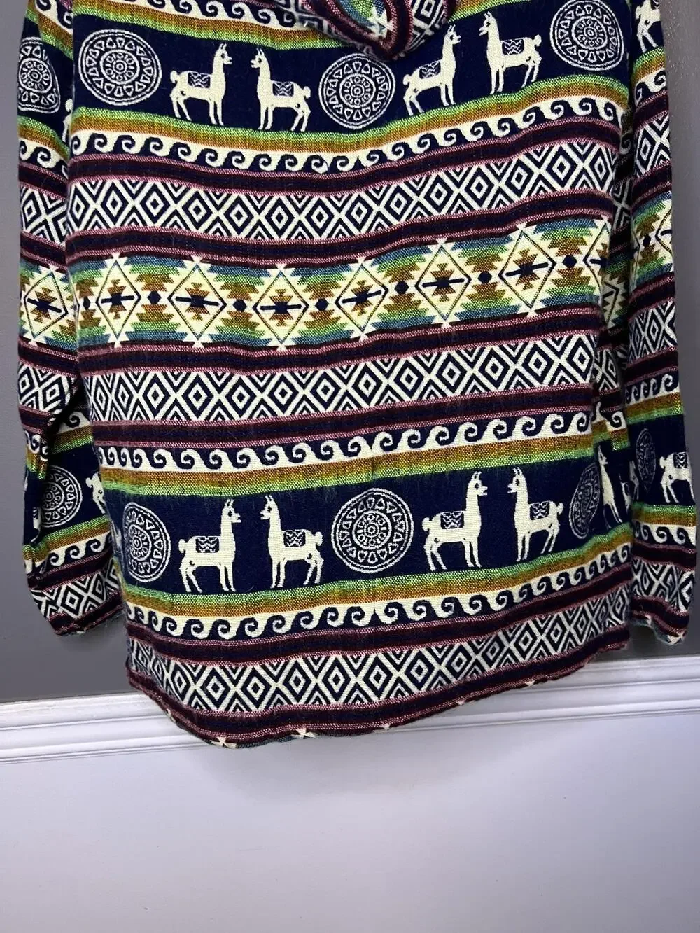 Llama Alpaca Sweater Mens XL Wool Blue Hooded Full Zip Knit Ecuador Tribal